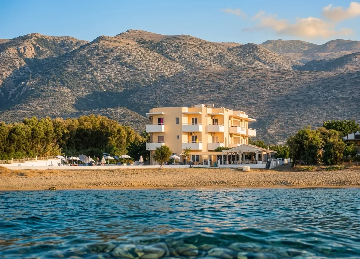 Silver Sun Studios & Apartments exterior view from the sea with the Cretan mountains in the background
