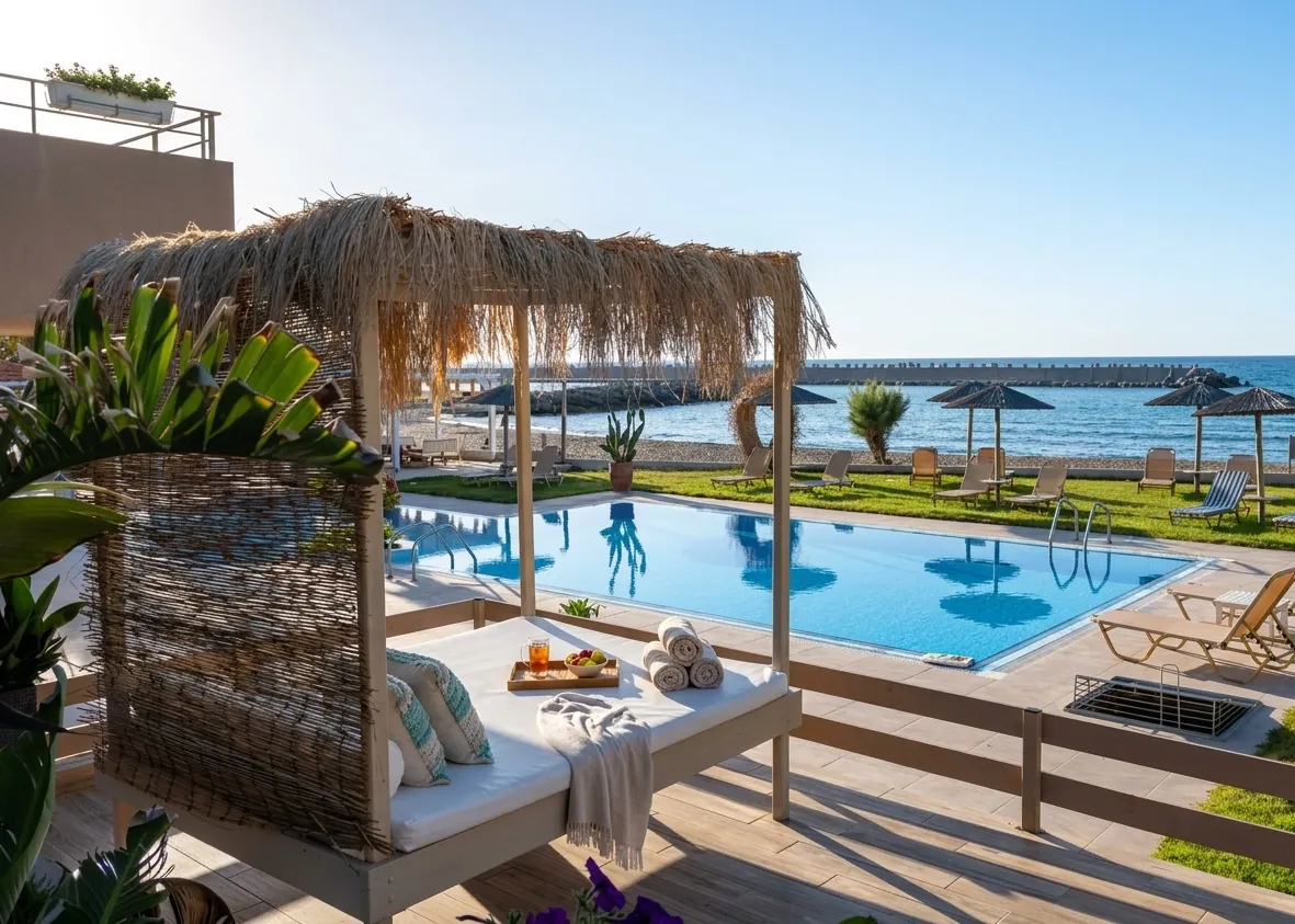 Silver Sun Studios & Apartments pool and private beach cabana with sea view in Malia, Crete